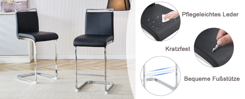 Set di 2 sgabelli da bar neri in stile nordico con gambe in metallo argento e seduta in PU
