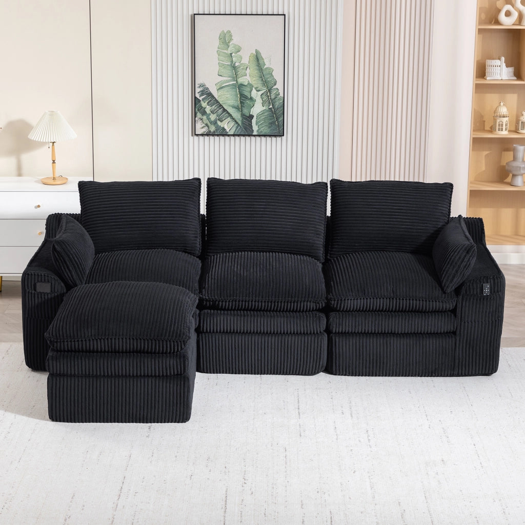 Divano modulare 3 posti in corduroy con pouf; tasche laterali; 263x167x85 cm; nero