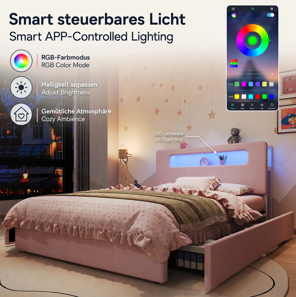 LETTO IMBOTTITO 140x200 cm Rosa in Velluto con 4 Cassetti e LED