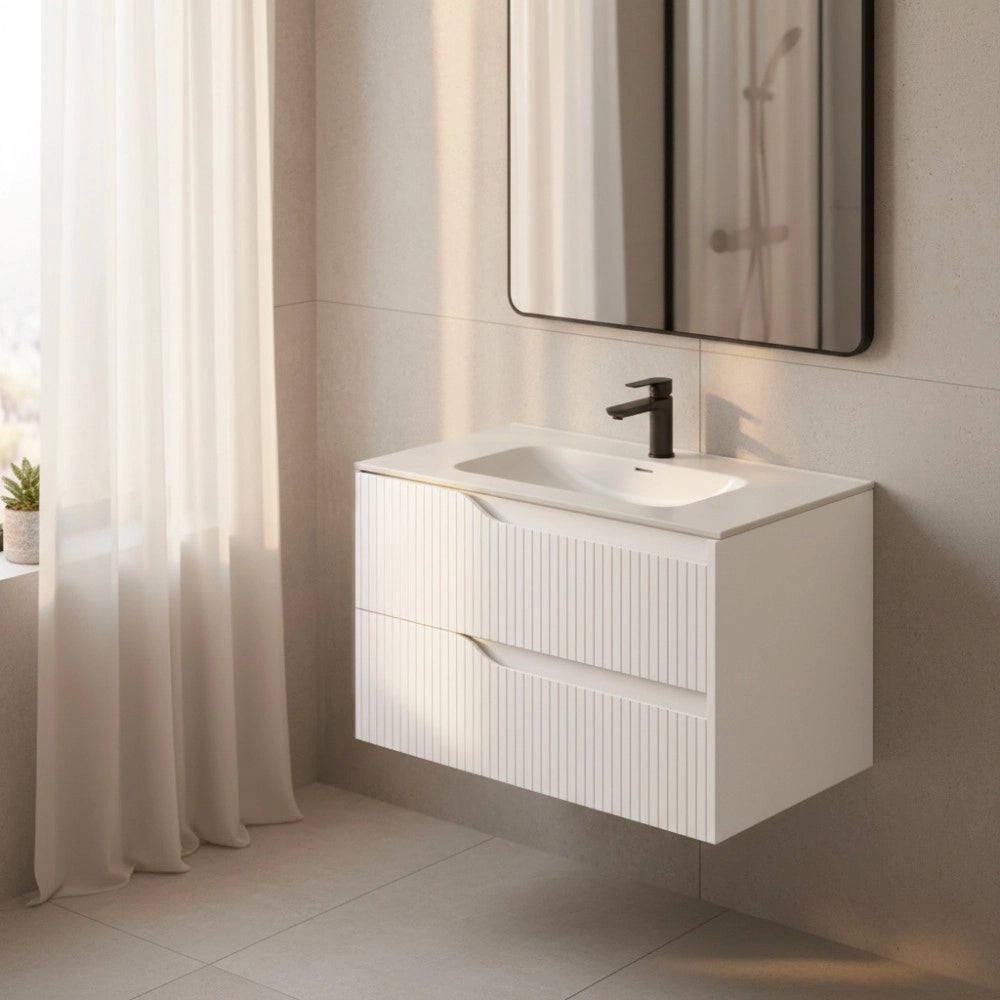 Mobile bagno sospeso Soho colore bianco opaco con cassetti effetto cannettato 80x45x50H