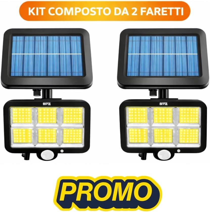 Faretti Solari LED da Esterno (2 Pezzi), 100 LED COB con Sensore di Movimento e Crepuscolare, Luce Solare Potente con Pannello Solare, Impermeabili IP65, Lampade Solari da Parete per Giardino, Garage.