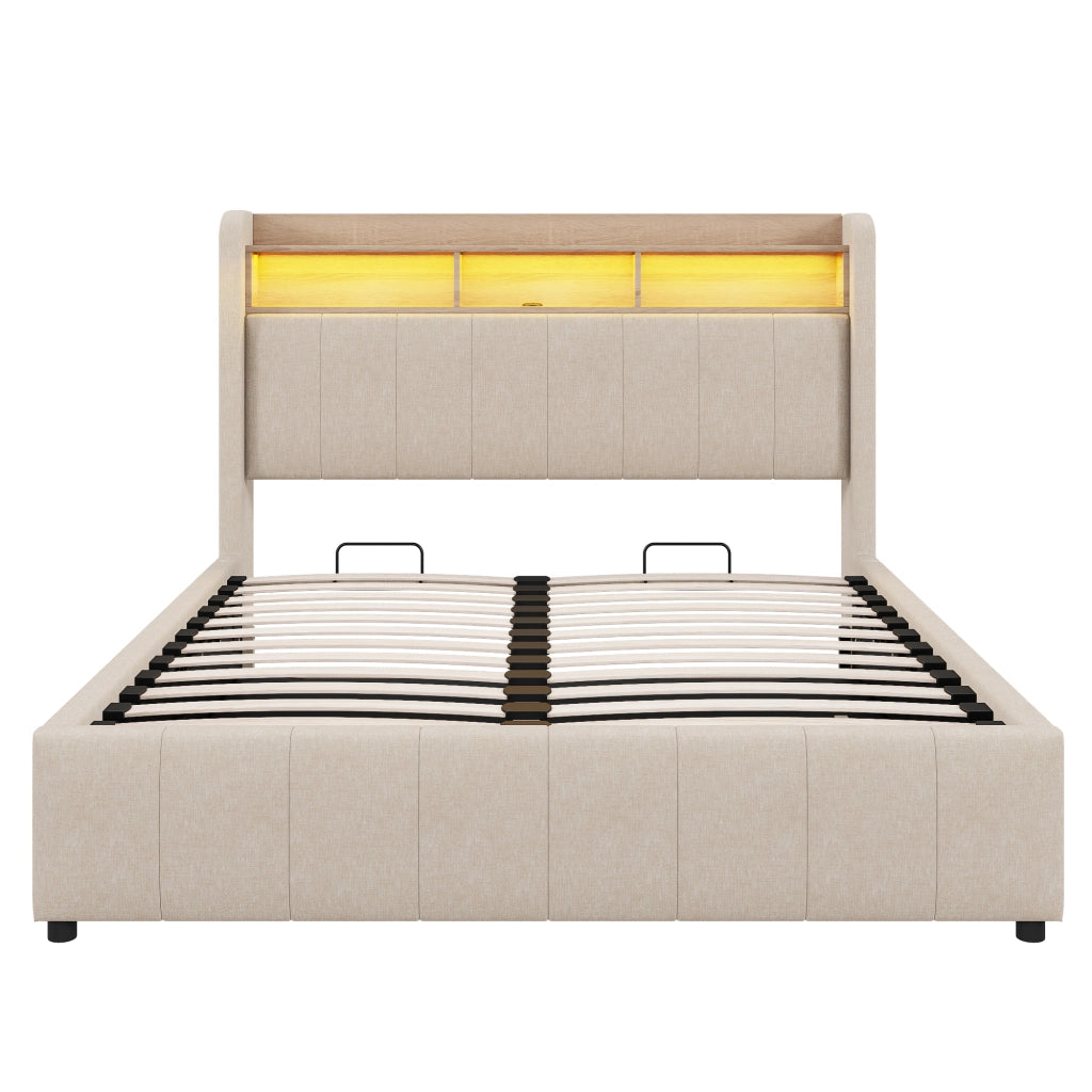 Letto imbottito matrimoniale 140x200 cm con LED e presa USB, testiera con ripiani e contenitore, sollevamento idraulico, per adulti, lino - Beige