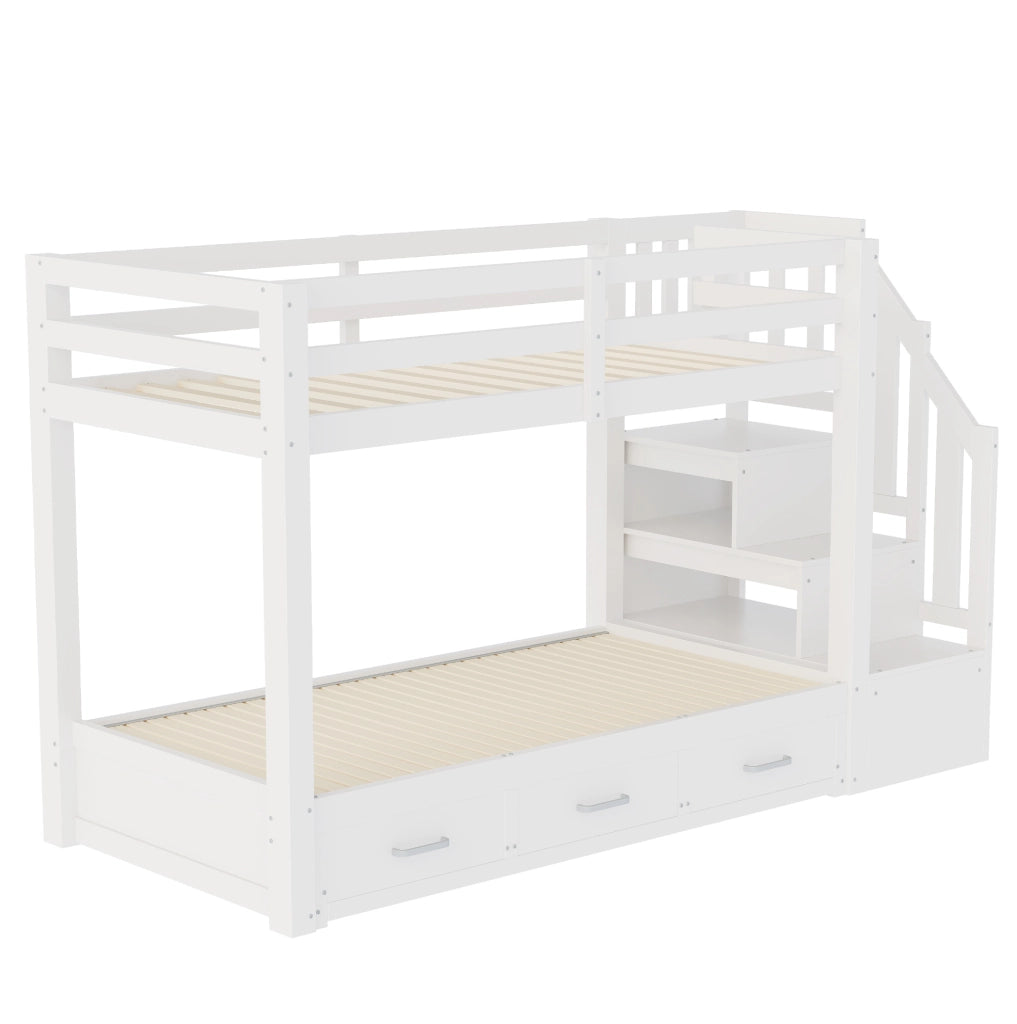 Letto a castello in legno massiccio 90x200 cm con letto estraibile 90/180x190 cm, scala con cassetti, bianco