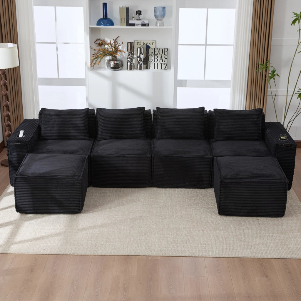Divano modulare 4 posti con 2 pouf; portabevande e tasche in velluto a coste nero