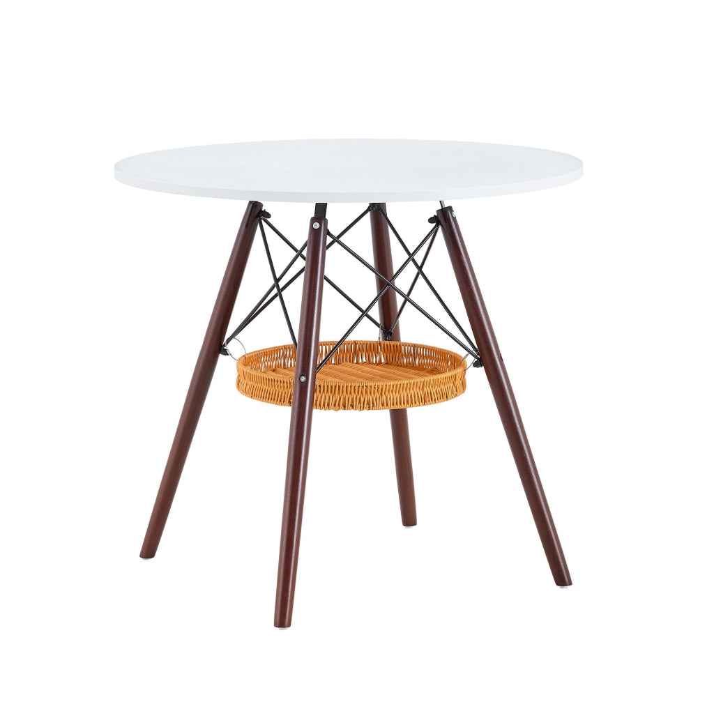 Tavolo da pranzo rotondo ULEVR ?80 cm con cestino sospeso, piano MDF bianco e gambe in legno massello noce