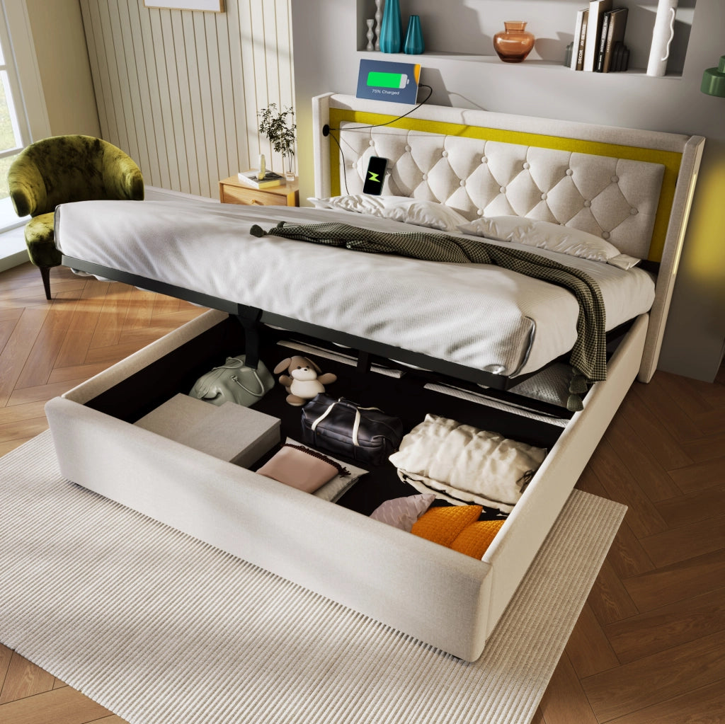 Letto matrimoniale imbottito 140x200 cm con LED, USB e Type-C, contenitore, beige chiaro