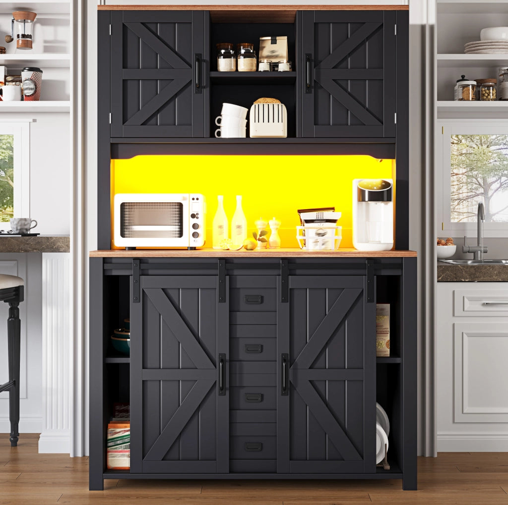 Mobile da cucina 115x40x174,7 cm con ante scorrevoli e illuminazione LED a colori, struttura in MDF, nero/bianco