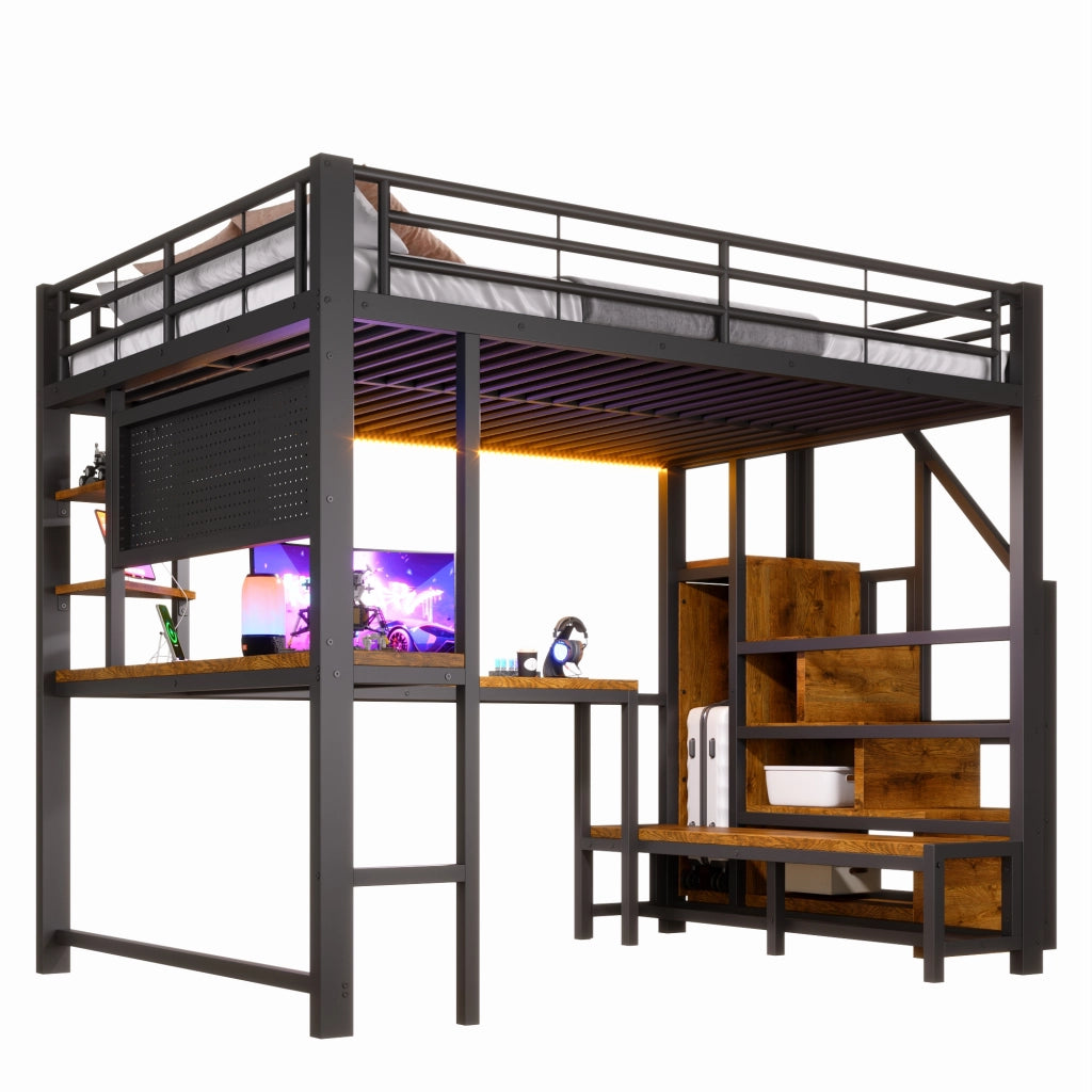 Letto a soppalco 140 × 200 cm con scrivania, ripiani, USB e USB-C, struttura in metallo e MDF nera
