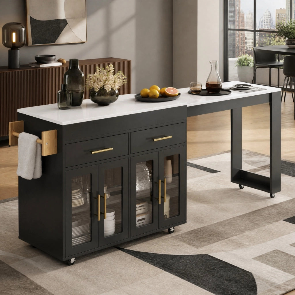 Tavolo alto da cucina estraibile con mobili contenitore; ripiani regolabili; ruote e freni in MDF nero 132.5–217 × 50 × 93 cm