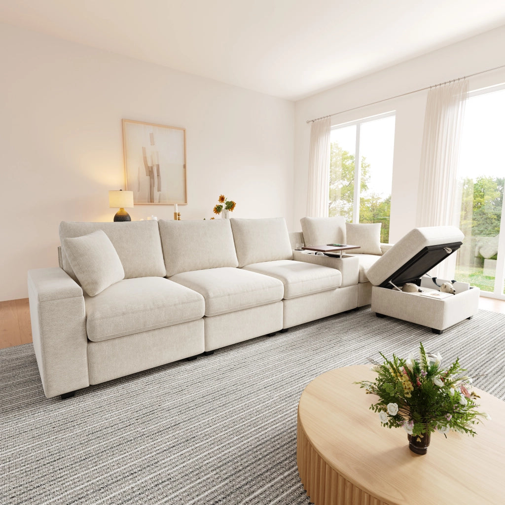 Divano modulare a L 313 x 147 x 82 cm con pouf e USB; ciniglia beige
