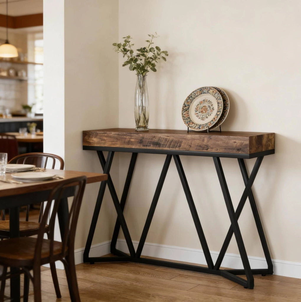 Tavolo consolle 140x30 cm in MDF e metallo nero e marrone rustico con piedini regolabili