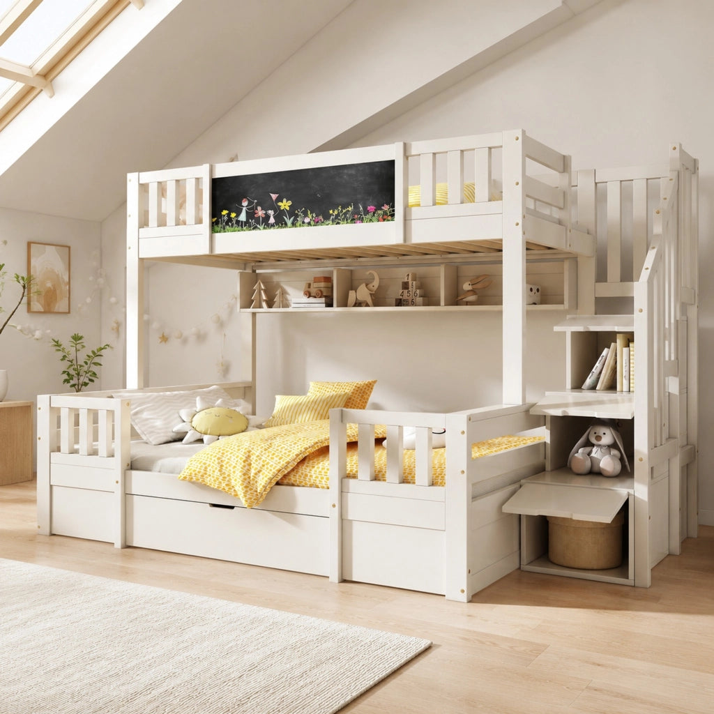 Letto a castello per 3 bambini 90x200 e 140x200 cm con scala-armadio e cassetti bianco HOMVRA