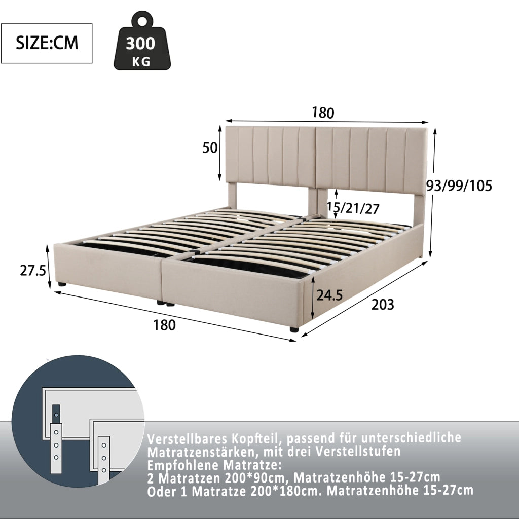 Letto Matrimoniale 180x200 Beige con Contenitore Idraulico e Testiera Regolabile