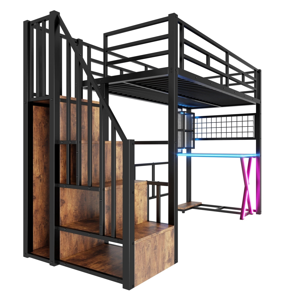 Letto a Soppalco 90x200 cm con Scrivania; Armadio; LED; Scala e Sponde; Nero