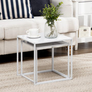 Set di 2 Tavolini Quadrati da Salotto con Struttura in Acciaio, Moderni, Bianchi, Dimensioni 40x40x40 cm e 35x35x35 cm
