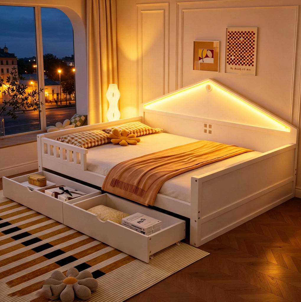 Letto 140x200 cm con LED e 2 cassetti in legno di pino, compensato e MDF bianco
