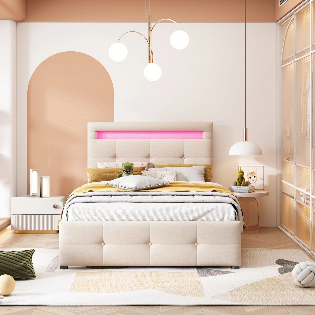 Letto con cassetti con LED e testiera regolabile imbottito beige con rete a doghe 210 × 99 × 100 106 cm