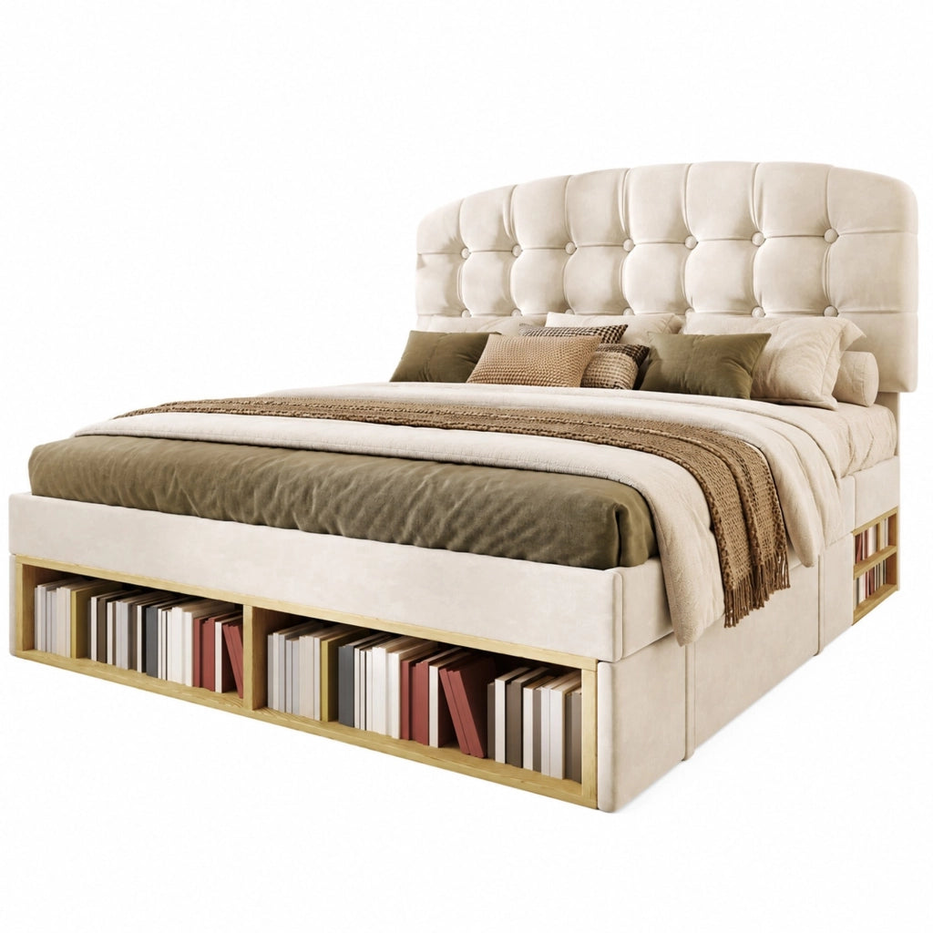 Letto matrimoniale 140x190 cm in velluto beige con testiera regolabile, vani e cassetti