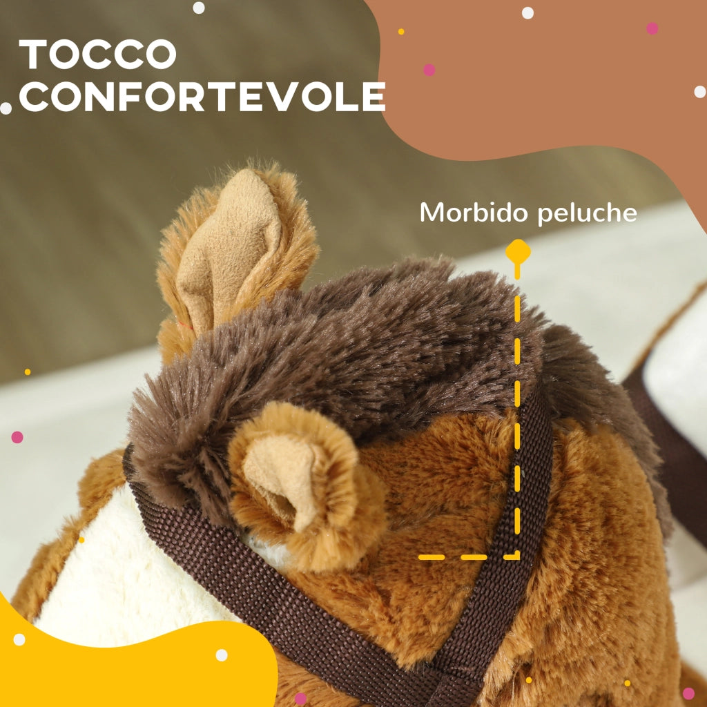 Cavallo a Dondolo per Bambini 18-36 Mesi con Suoni, Base in Legno e Cintura di Sicurezza, Marrone