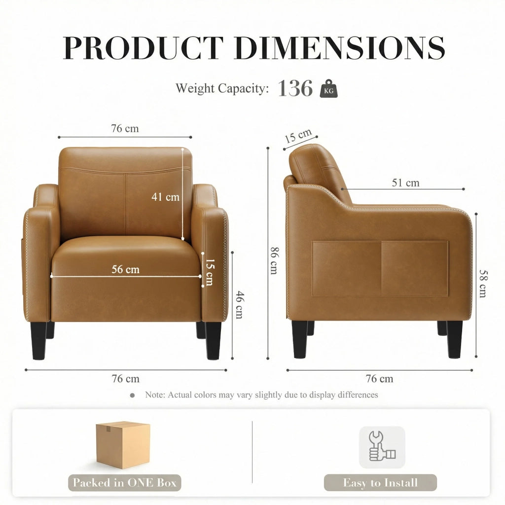Poltrona moderna in PU in stile Mid-Century con vano portaoggetti laterale, comfort ergonomico per soggiorno e ufficio, giallo-marrone
