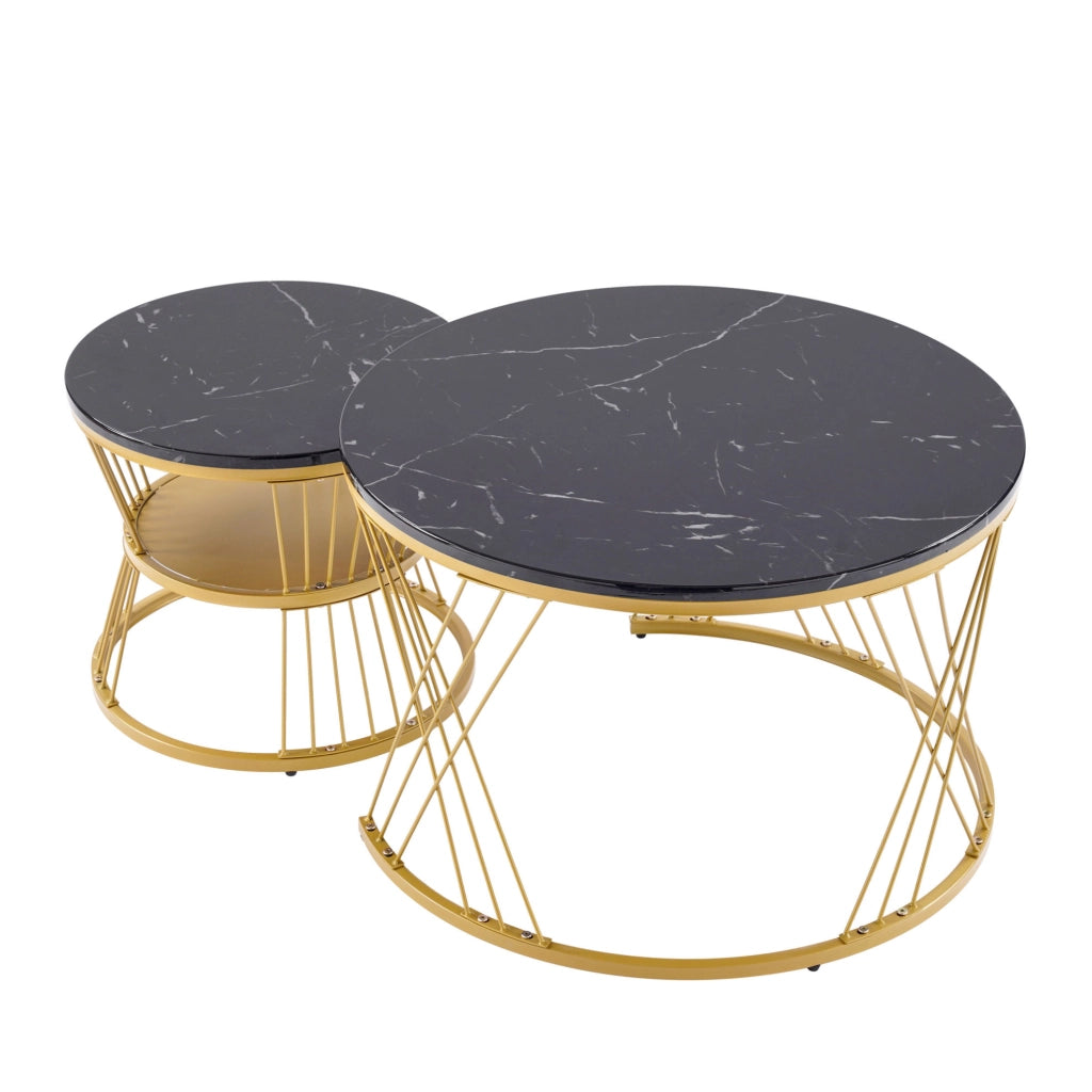 Set di 2 tavolini nesting rotondi in MDF effetto marmo nero; struttura oro