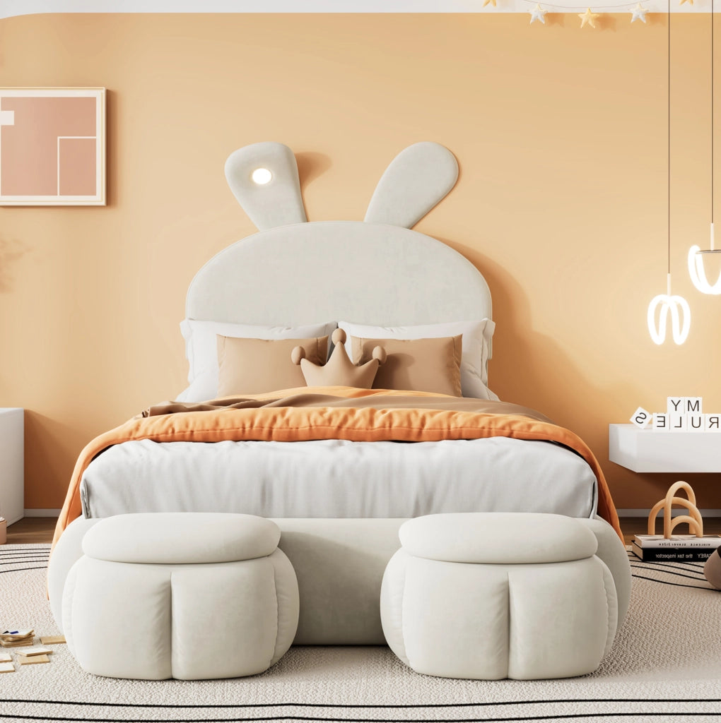 Letto imbottito 90x200 cm con orecchie decorative, luce LED e contenitori