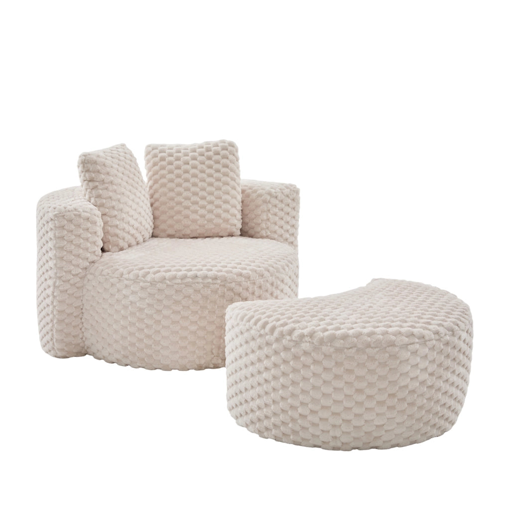Poltrona compatta con pouf, design avvolgente e rivestimento in tessuto