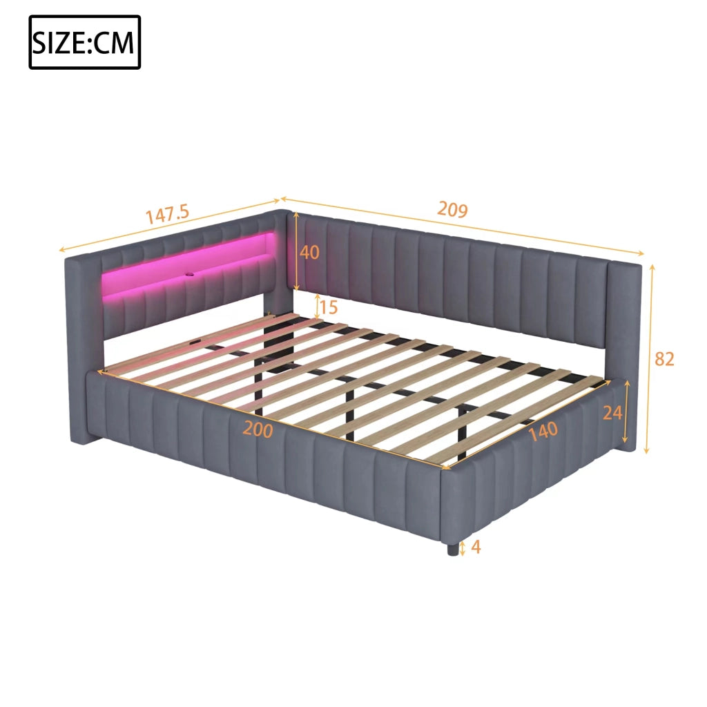 Divano letto 140 × 200 cm a L rivestito in velluto grigio con LED multicolore; USB; testiera e schienale