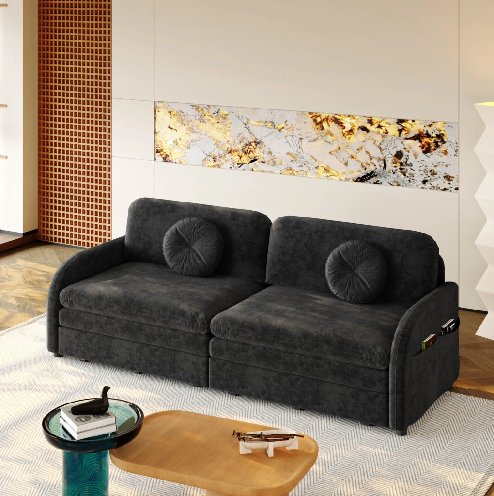 Divano Letto Estraibile King-Size 206 cm 3 Posti in Chenille Nero con Cuscini e Scomparti Laterali