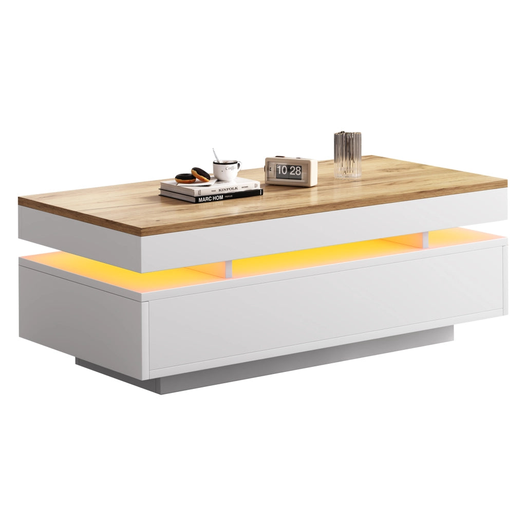 Tavolino da salotto con LED 100x50x35 cm componibile 2 cassetti legno e bianco
