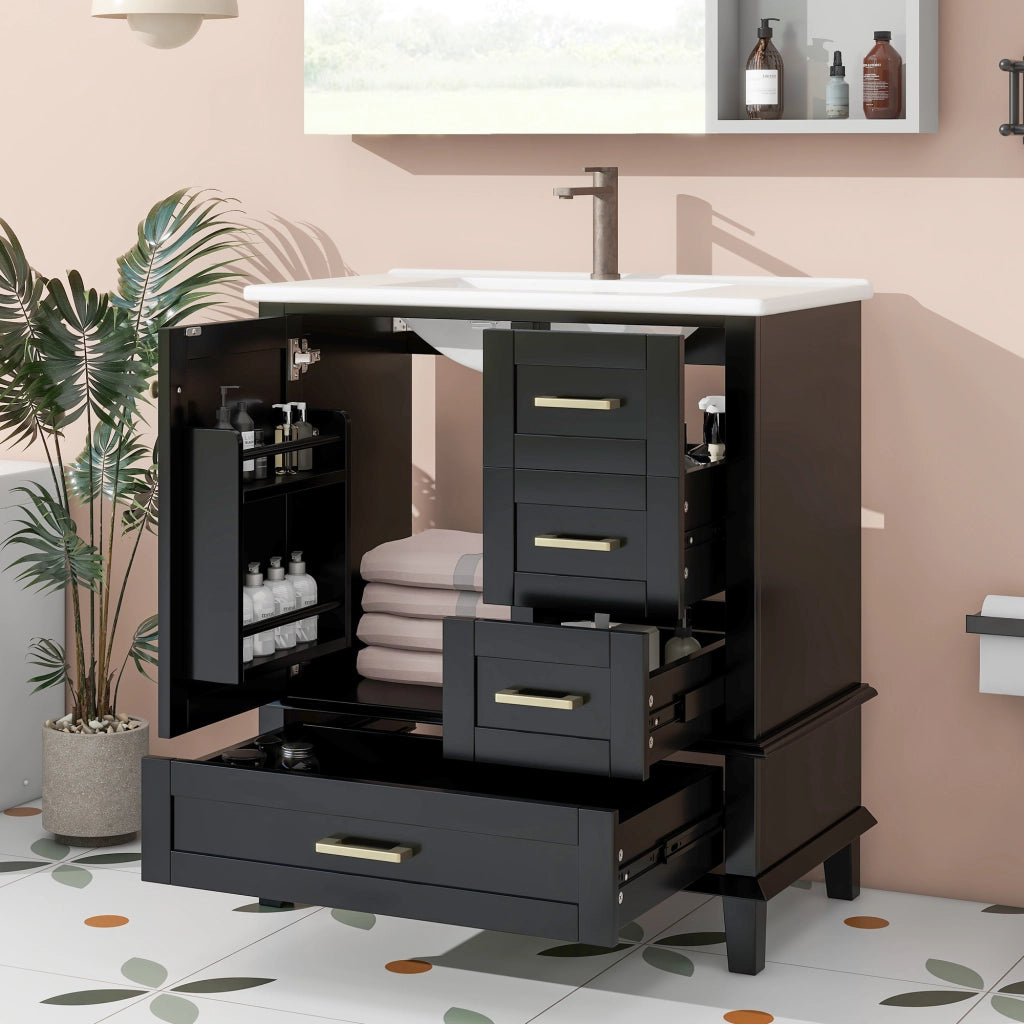 Mobile bagno 76x45;5x83;5 cm con lavabo in ceramica; 3 cassetti silenziosi e ripiano; MDF nero