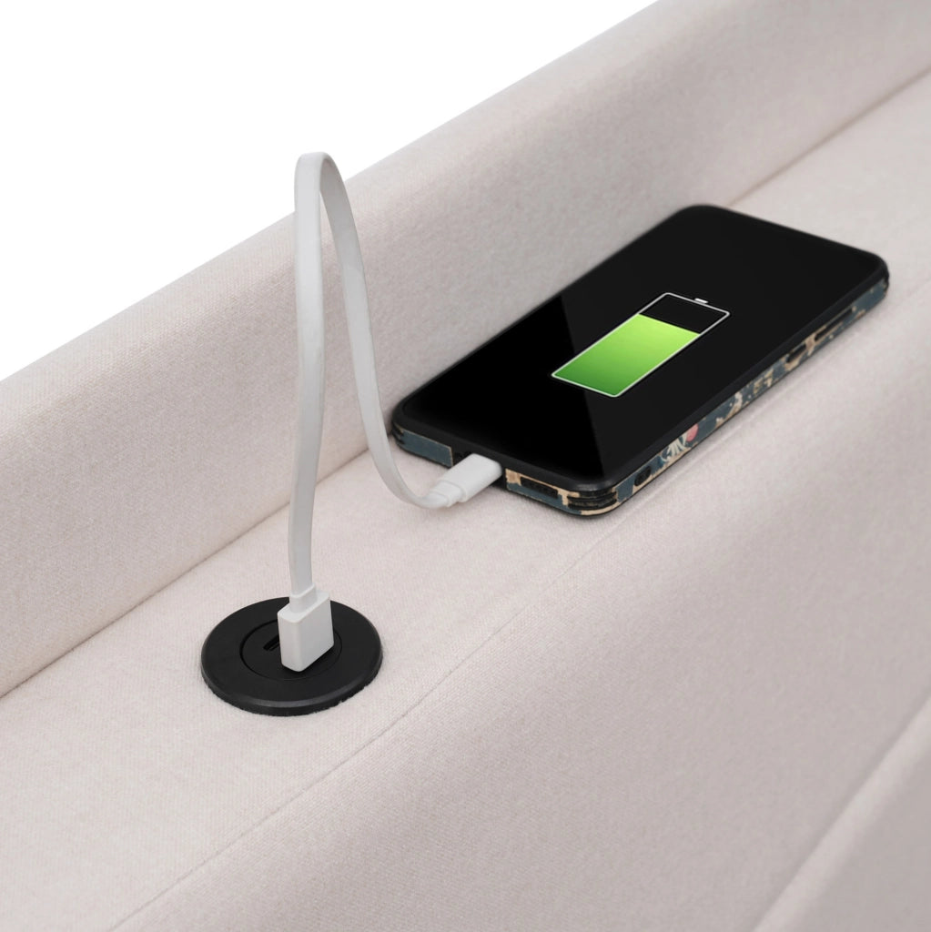Letto singolo con contenitore 90x200 cm; testiera con USB e Type-C; beige