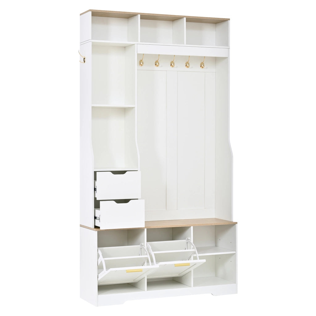 Mobile da ingresso guardaroba con 2 cassetti, 2 scarpiere a ribalta, panca e LED per corridoio, 100 × 32 × 186 cm