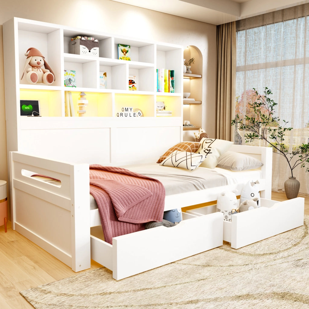 Letto con cassetti 90 × 200 cm con testiera a ripiani LED e prese elettriche in MDF bianco