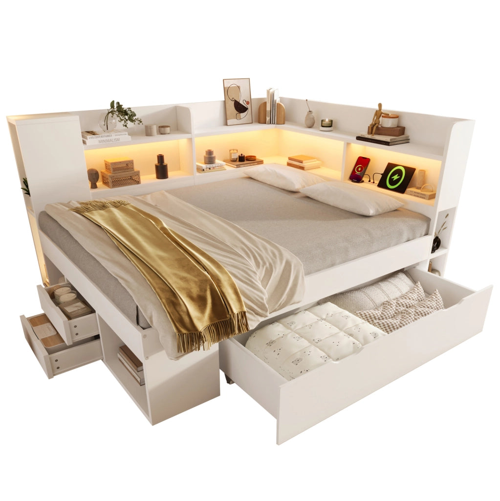 Letto da giorno 140x200 cm bianco con materasso, LED, ricarica USB-C e cassetti