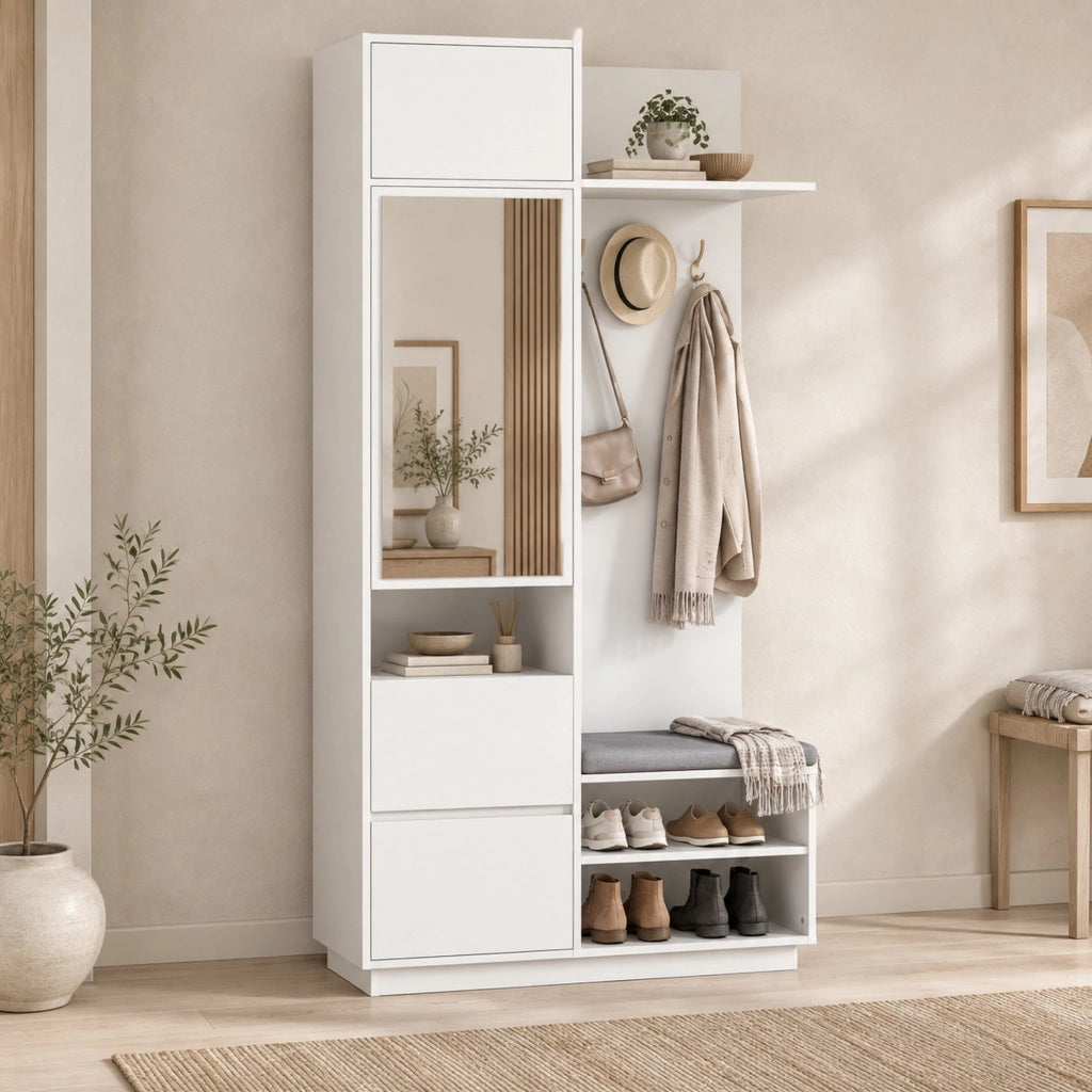Guardaroba da ingresso compatto 5 in 1 bianco in MDF
