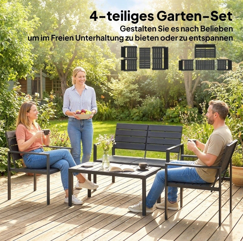 Set da giardino per 4 persone con divano 2 posti, 2 poltrone e tavolino in HDPE nero