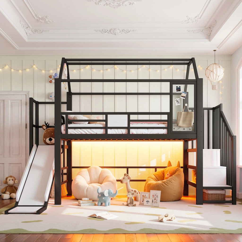 Letto a soppalco 90 × 200 cm a casetta con scivolo scala con ripiani LED Bluetooth MDF e metallo nero EN 747
