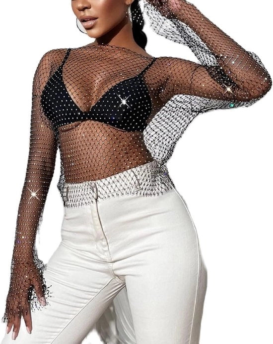 Top da Donna a Mesh con Pailletti Glitter - Maglioni Sexy da Uomo - Nero - Streetwear - Taglie S a XL