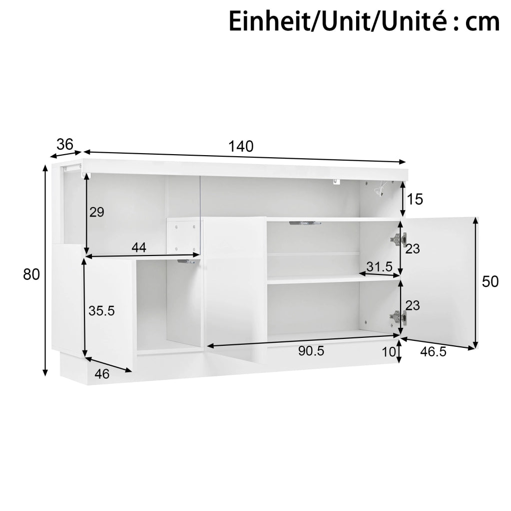 Credenza bianca 140 cm con LED controllati via app e vano acrilico