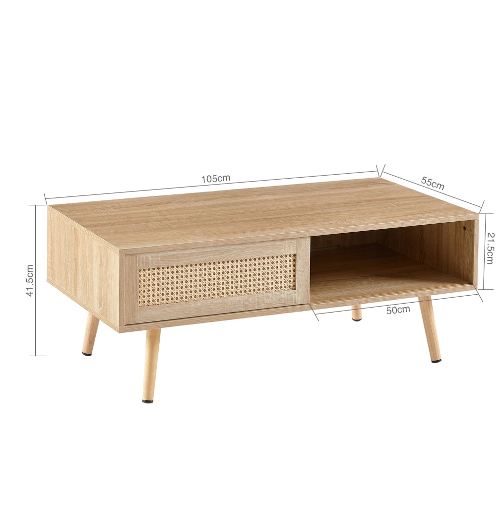 Tavolino da salotto 105x55x40 cm con anta scorrevole effetto rattan; gambe in legno massello HOMVRA