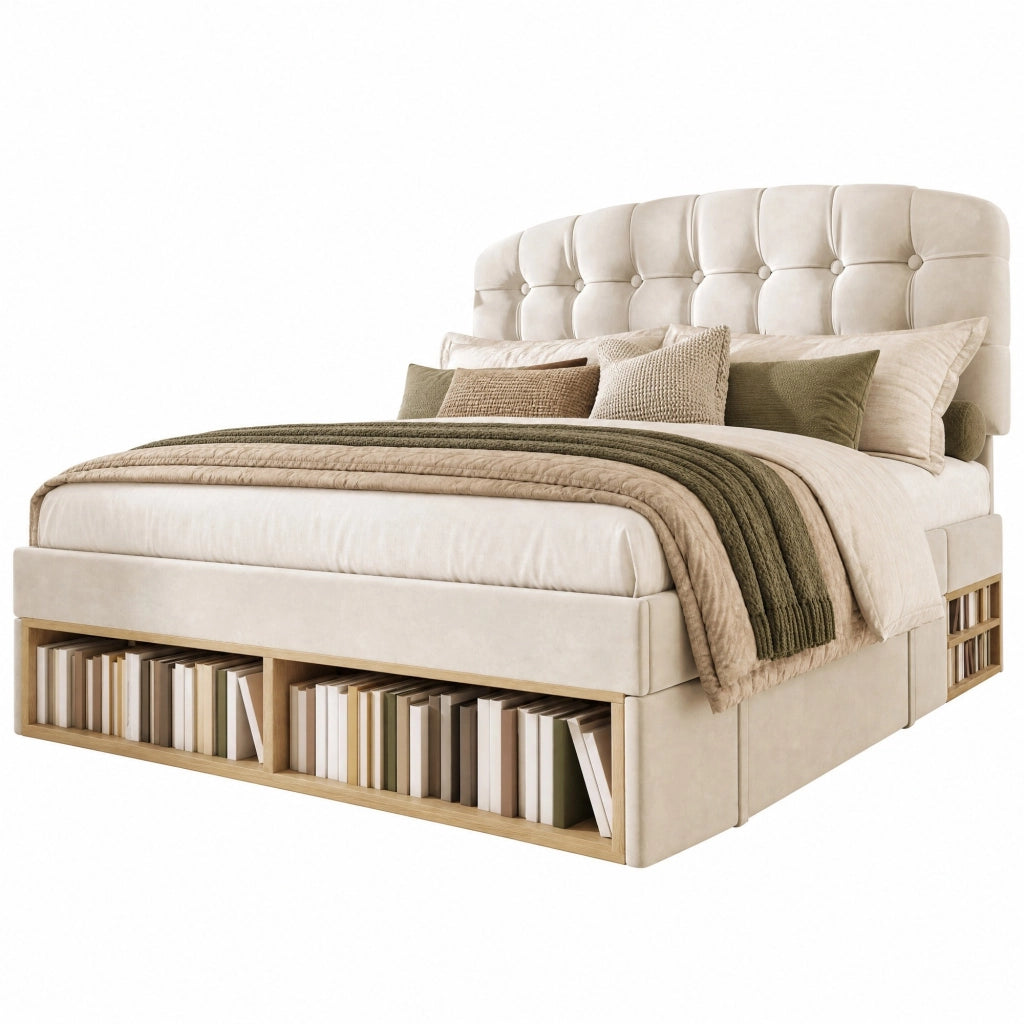 Letto matrimoniale imbottito 140 × 200 cm con rete a doghe testiera regolabile cassetti e vani contenitore beige