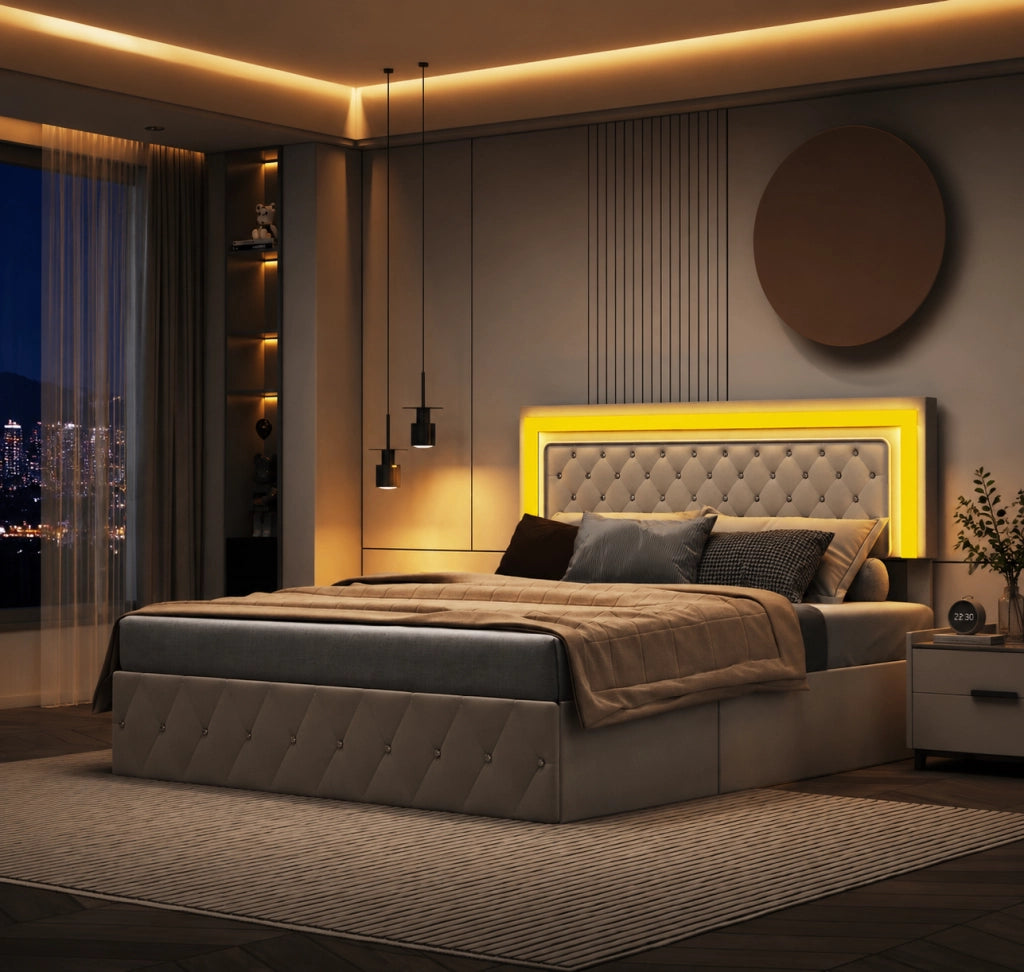 Letto matrimoniale 160x200cm velluto beige, LED RGB telecomandato, vano contenitivo idraulico