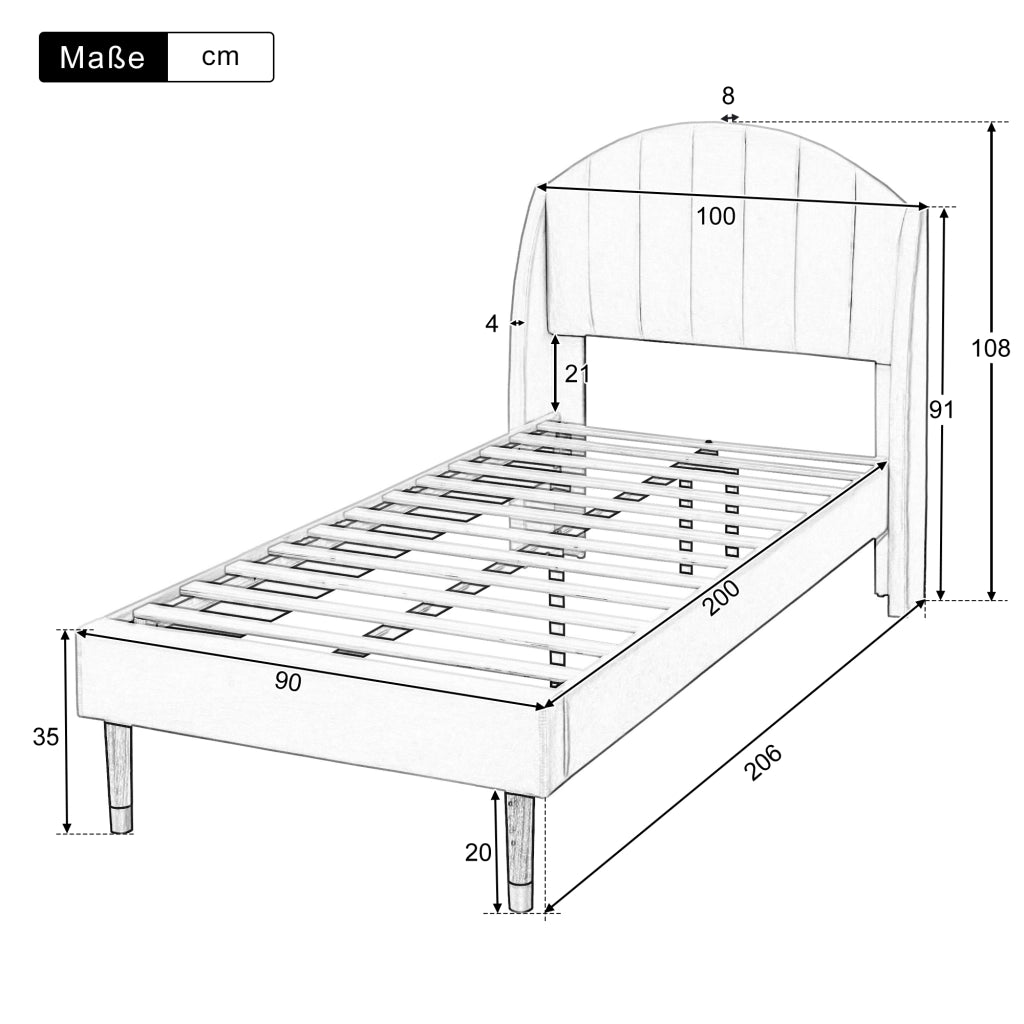 Letto singolo 90 × 200 cm imbottito con testiera e rete a doghe in velluto beige