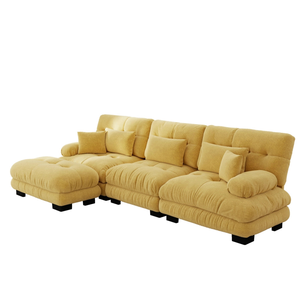 Divano angolare modulare 313x145x81 cm in ciniglia gialla con pouf