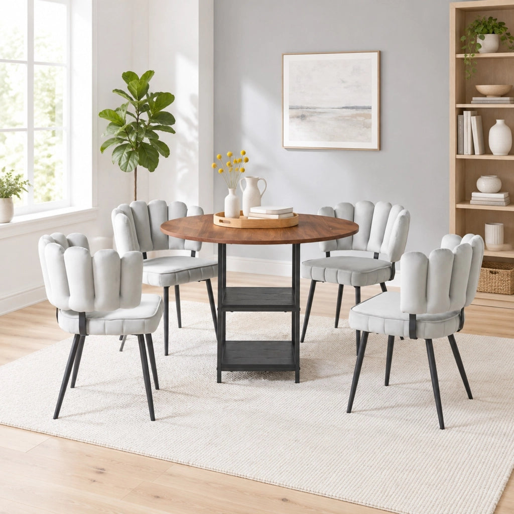 Set tavolo da pranzo rotondo Ø107 cm con 4 sedie in tessuto grigio chiaro e ripiani HOMVRA
