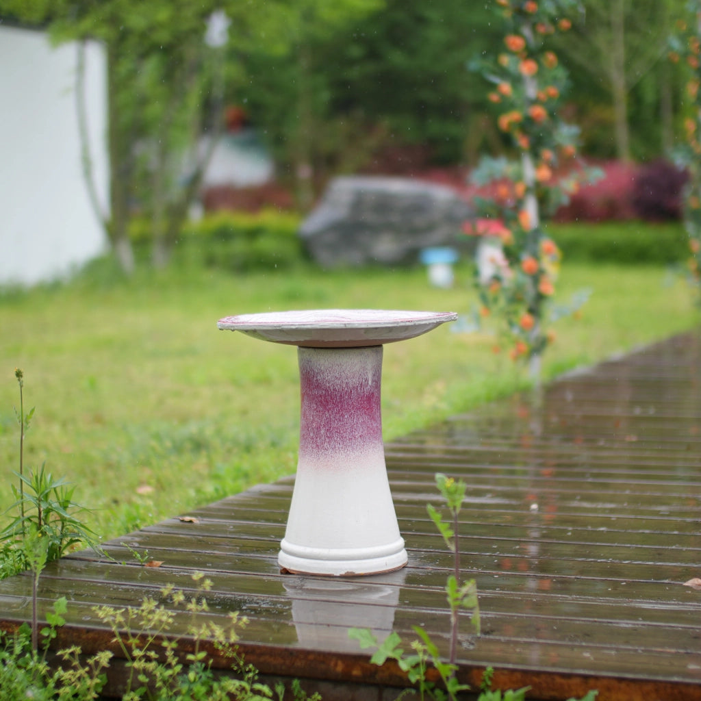 Bagnetto per uccelli in ceramica fatta a mano con ciotola ampia e base alta bianca e rosa Ø 43 cm per giardino
