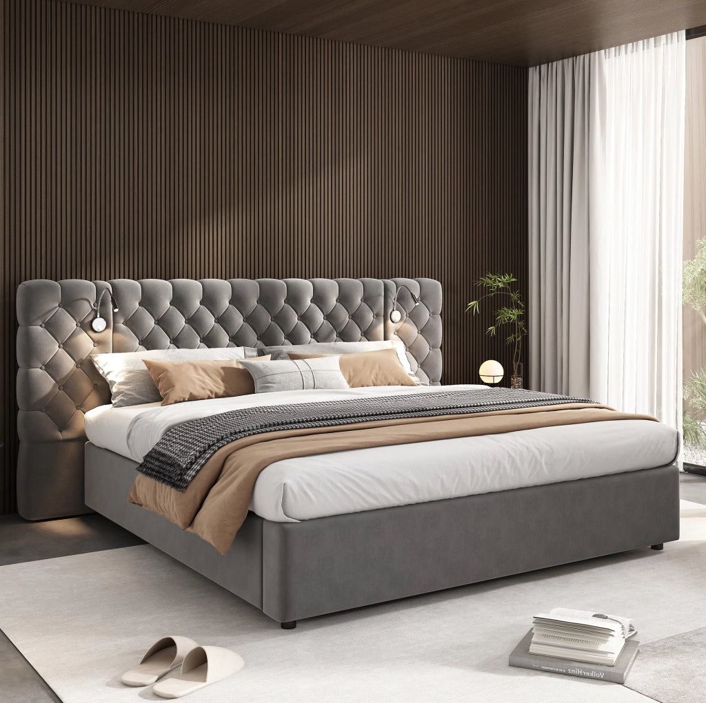 Letto imbottito 160x200 cm in velluto grigio con luce da lettura e contenitore