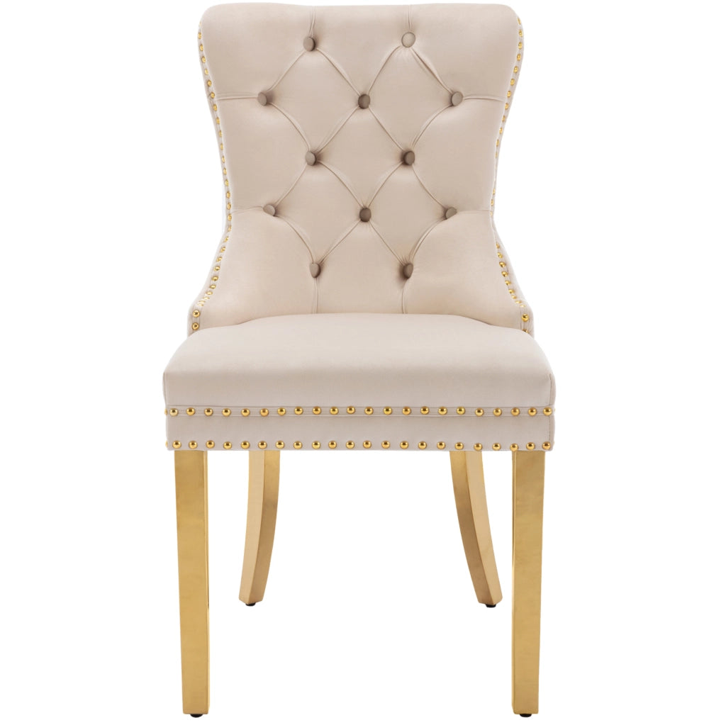 Sedia da pranzo in velluto beige con schienale decorato a forma di battacchio, gambe in acciaio inox dorato, 50,5x45x95 cm