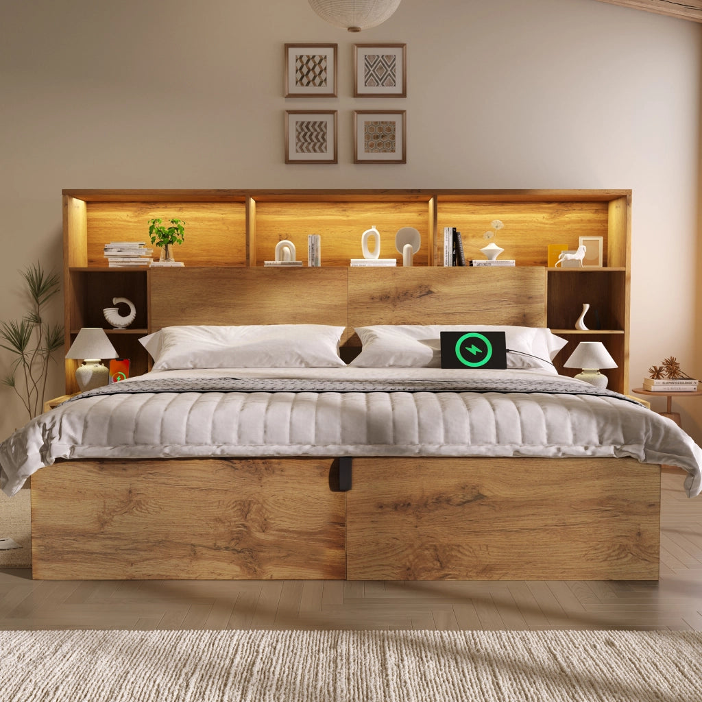 Letto matrimoniale 160x200 cm con materasso; LED; USB-A e USB-C; vano contenitore idraulico; rovere
